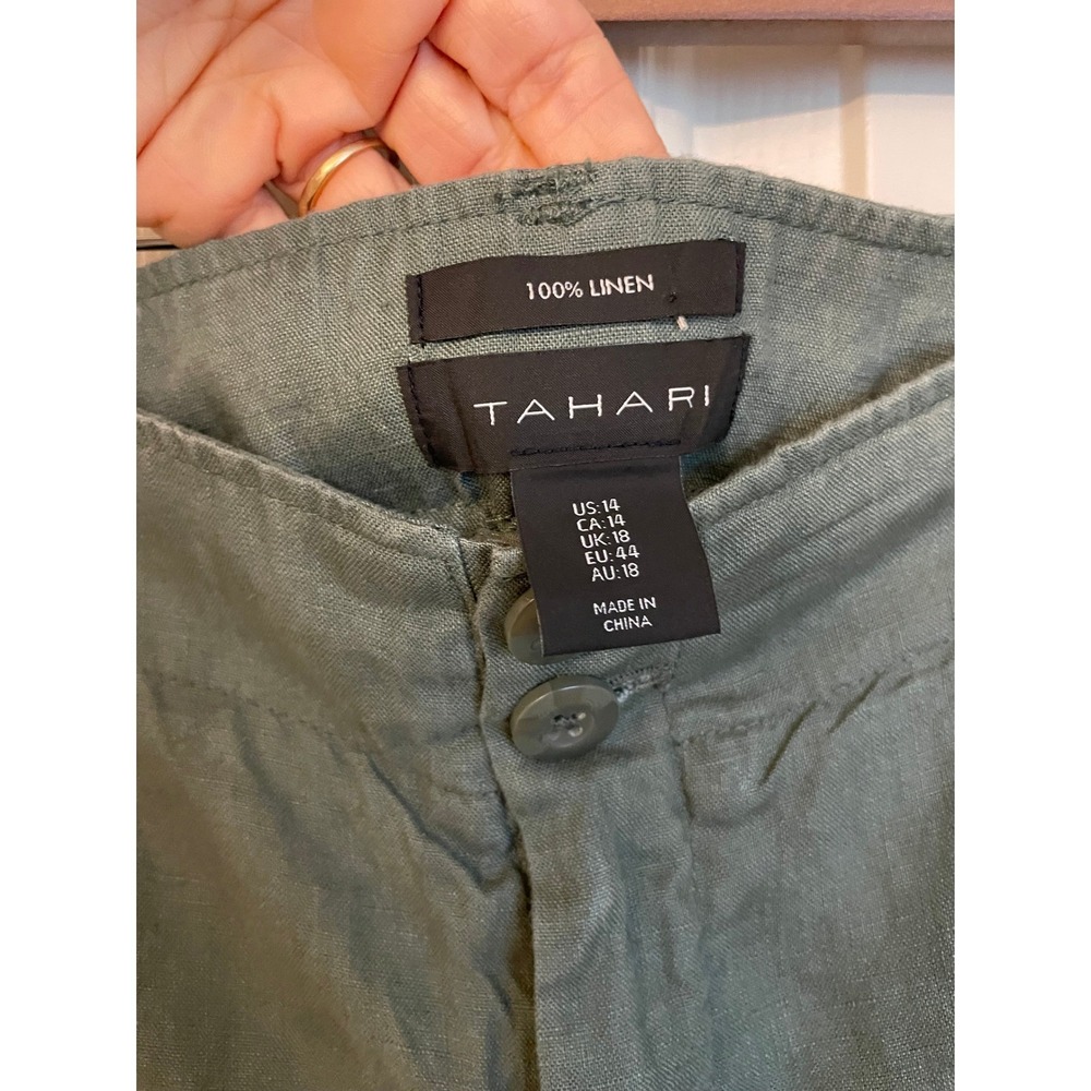 Tahari Olive 100% Linen High Waisted Wide Leg Utility Pants Ankle S14 - Picture 2 of 11